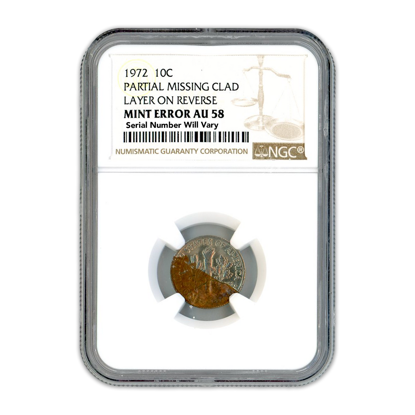 1972 Roosevelt Partial Missing Clad Layer on Reverse Mint Error NGC AU58