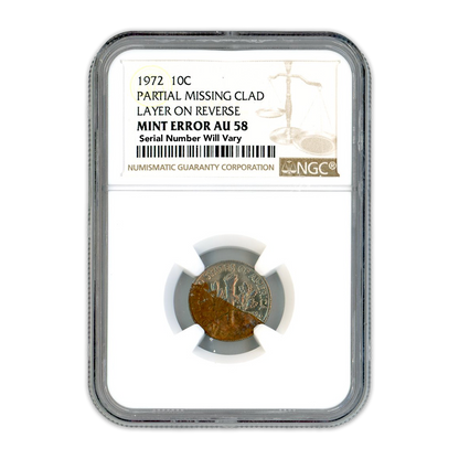 1972 Roosevelt Partial Missing Clad Layer on Reverse Mint Error NGC AU58
