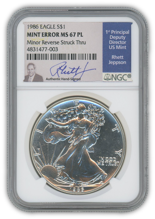 1986 Silver Eagle - Business Strike - Strike Through Error - NGC MS67PL Prooflike Jeppson Label