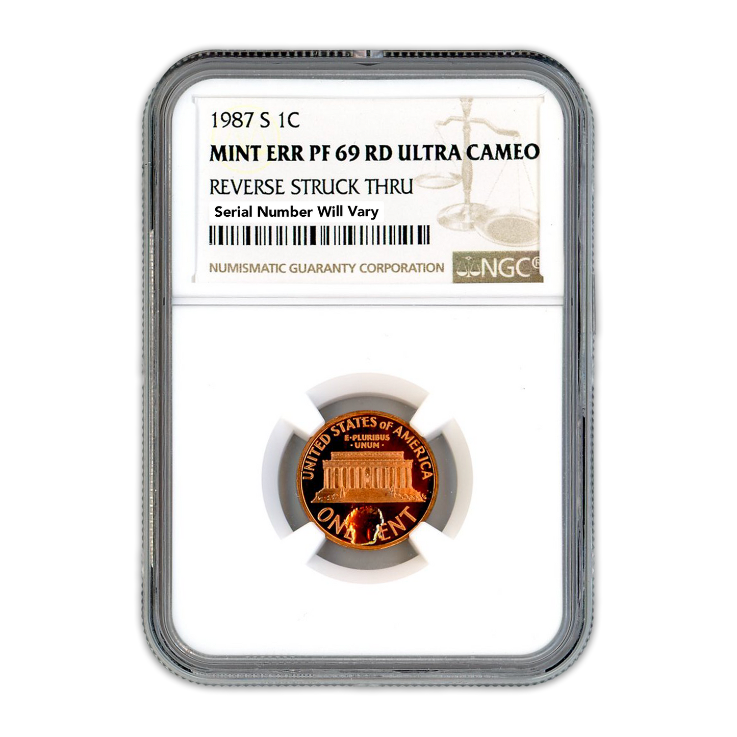 1987 S Lincoln Cent Mint Error- Struck Through Reverse NGC PF69 RD ULTRA CAMEO