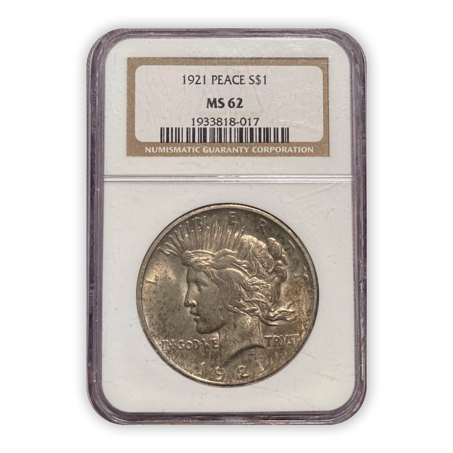 1921 Peace Silver Dollar Philadelphia - NGC MS62 Natural Toning