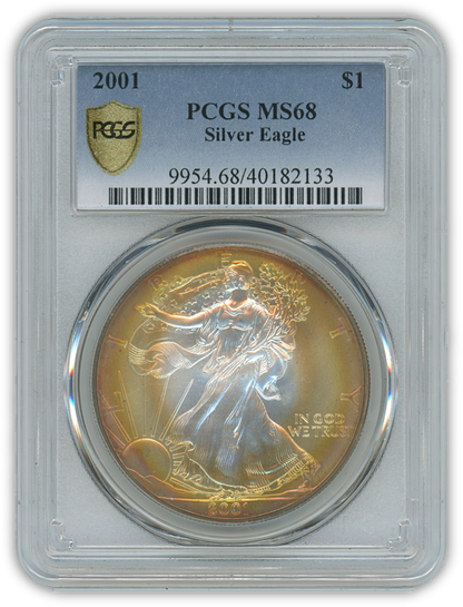 2001 Silver Eagle - Business Strike - PCGS MS68 - Deep Rainbow Toned