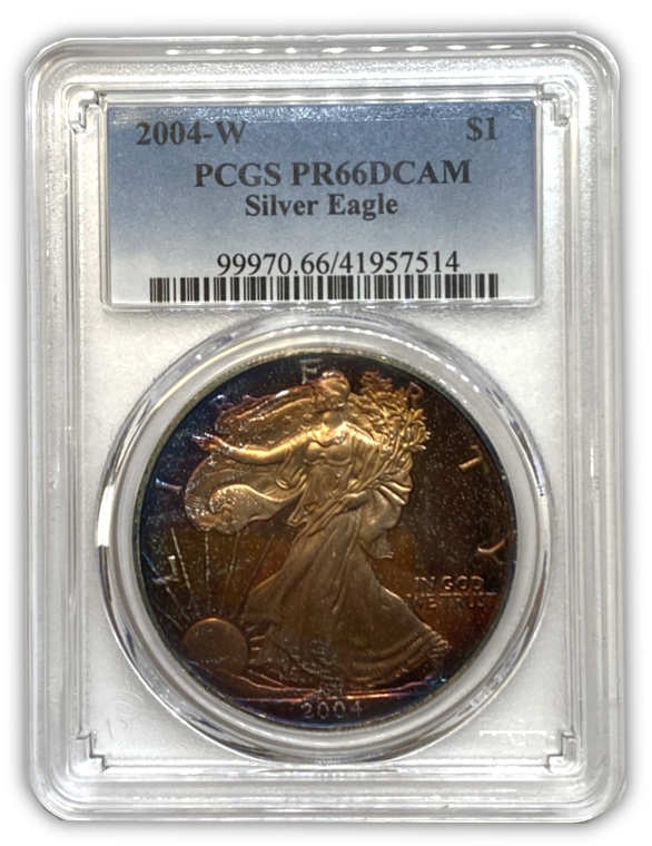 2004 Silver Eagle Proof - PCGS PF66 DCAM - Deep Rainbow Toned