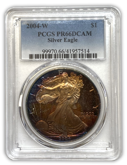 2004 Silver Eagle Proof - PCGS PF66 DCAM - Deep Rainbow Toned
