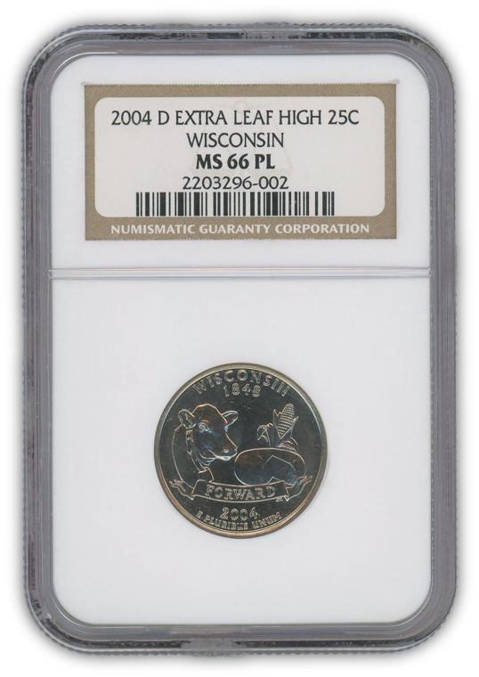 2004 Wisconsin Quarter Dollar Denver - 2 pc Leaf Error Set - NGC MS66 PL Prooflike
