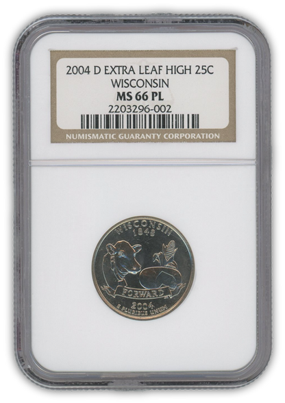 2004 Wisconsin Quarter Dollar Denver - 2 pc Leaf Error Set - NGC MS66 PL Prooflike