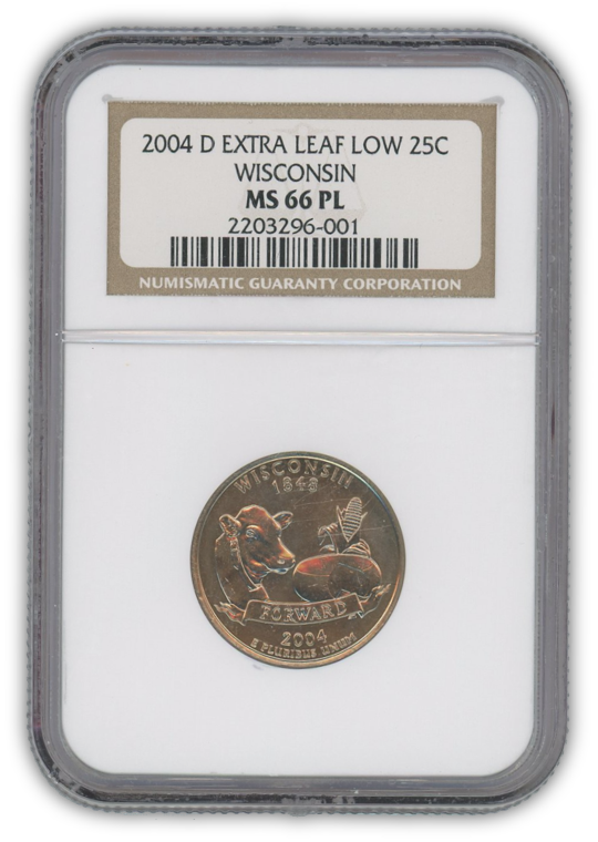 2004 Wisconsin Quarter Dollar Denver - 2 pc Leaf Error Set - NGC MS66 PL Prooflike