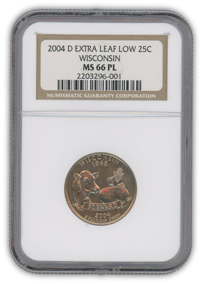 2004 Wisconsin Quarter Dollar Denver - 2 pc Leaf Error Set - NGC MS66 PL Prooflike