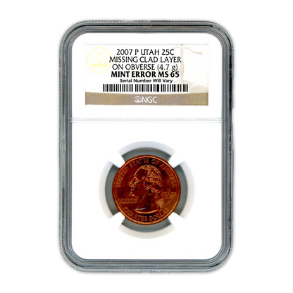 2007 Utah Quarter - Obverse Missing Clad Layer - NGC MS65