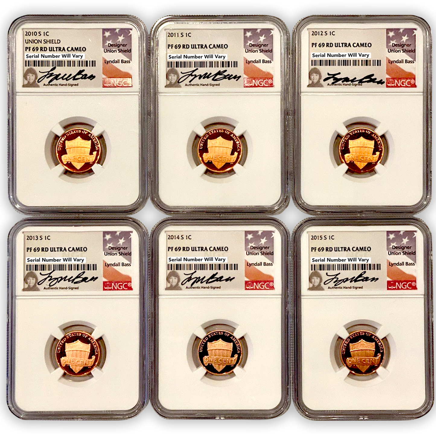2010 - 2015 Lincoln Shield Cent 6 pc Set - NGC PF69 Lyndall Bass Signature