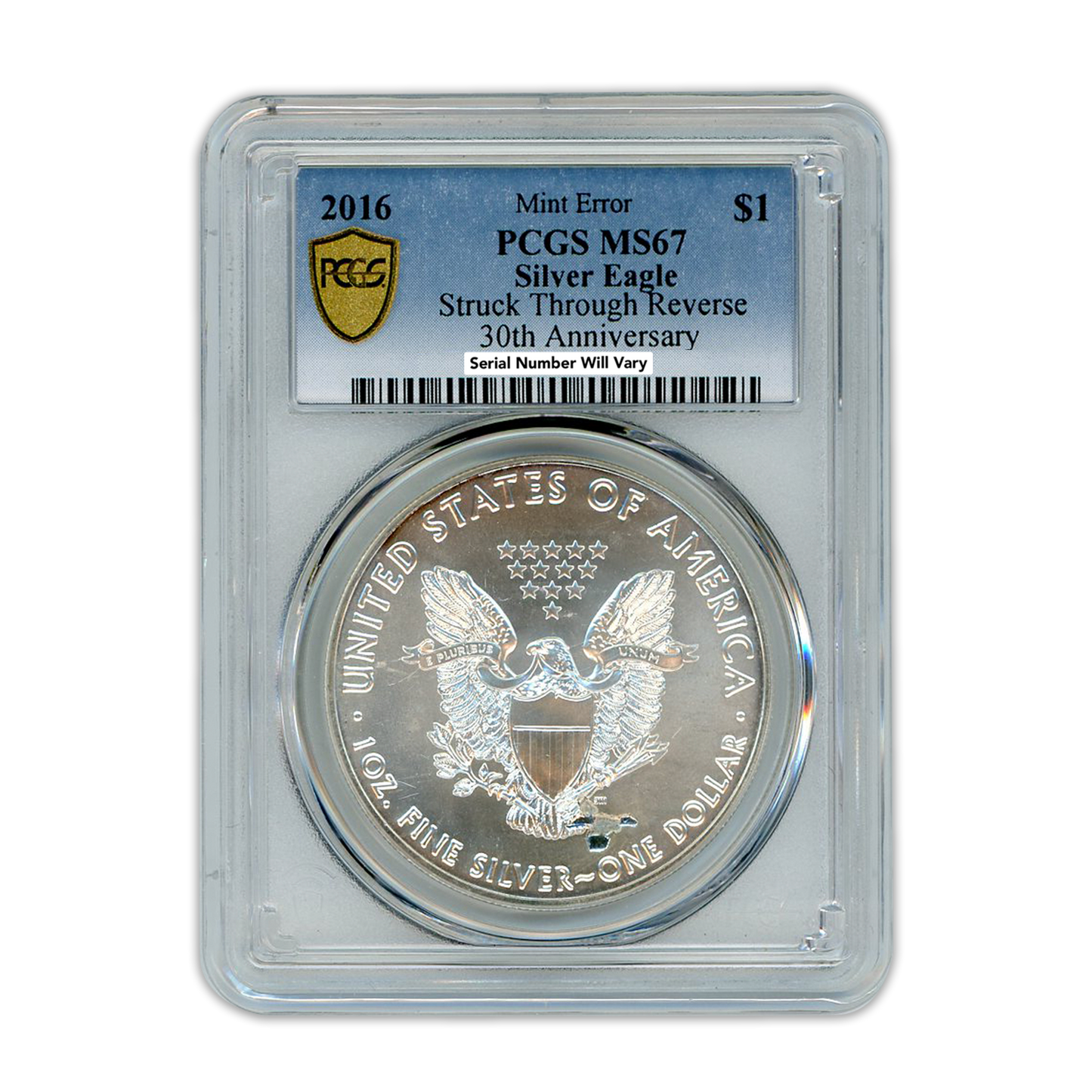 2016 Silver Eagle - Mint Error - Struck Through Reverse PCGS MS67