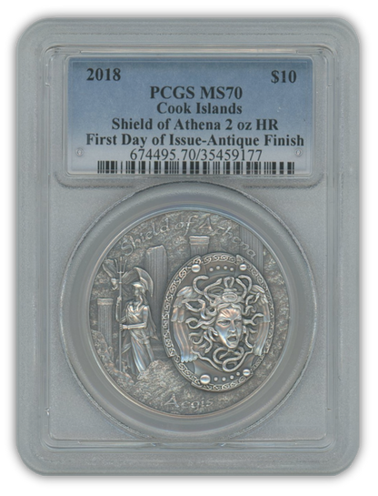 2018 Cook Islands Shield of Athena 2 oz Silver - PCGS MS70 High Relief First Day of Issue Antique Finish
