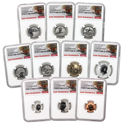 2018 US Silver Reverse Proof Set 10 pc - NGC PF70 Early Release ER Trolley Label