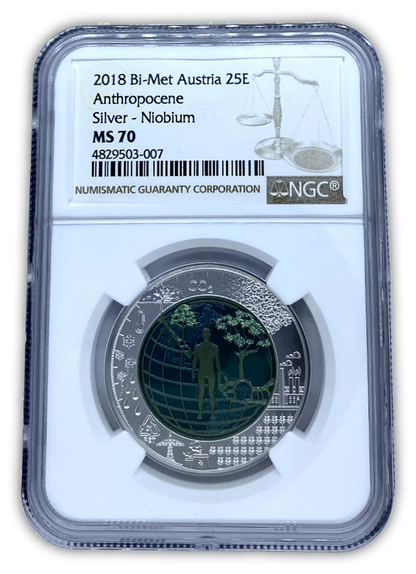 2018 25E Bi-Met Anthropocene Silver - Niobium 1 oz Silver - Austrian Mint - NGC MS70