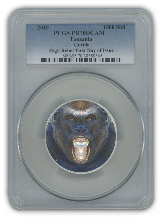 2019 Tanzania Gorilla 2 oz Silver - PCGS PR70 High Relief First Day of Issue
