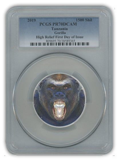 2019 Tanzania Gorilla 2 oz Silver - PCGS PR70 High Relief First Day of Issue