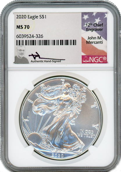 2020 Silver Eagle - Business Strike - NGC MS70 Mercanti Flag Label