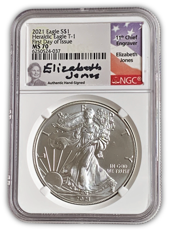 2021 Silver Eagle - Business Strike - Type 1 - NGC MS70 FDOI First Day of Issue E Jones Signature Label