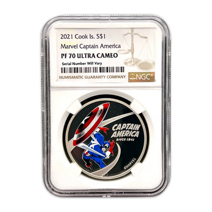 2021 1 oz Cooks Island Captain America Silver NGC PF70 Ultra Cameo