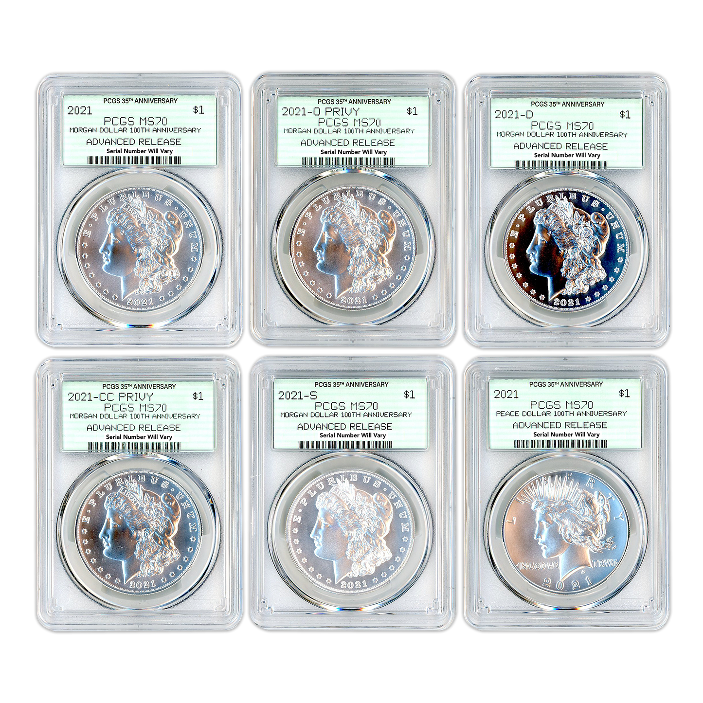 2021 Morgan Silver Dollar 6 pc Set  PCGS MS70 Advanced Release