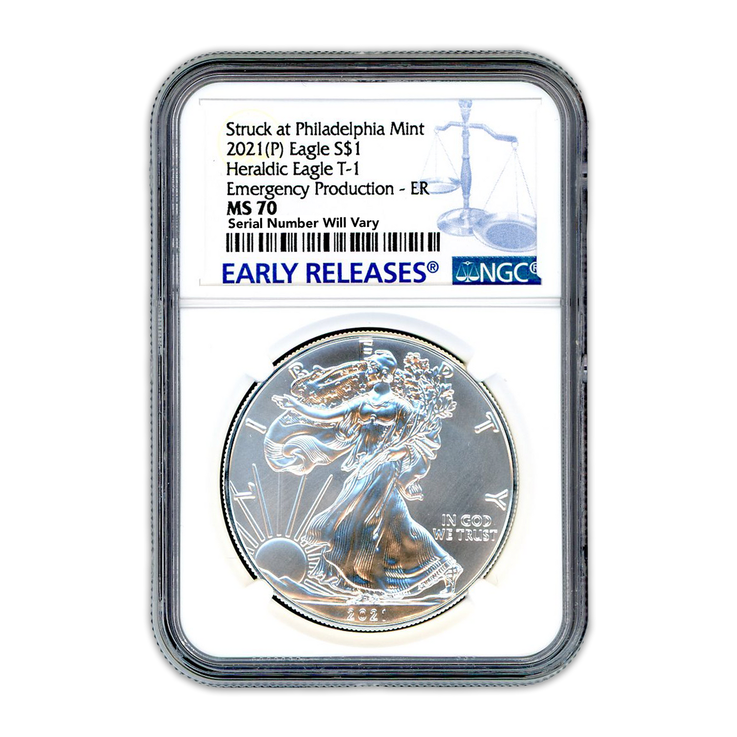 2021 Silver Eagle - Type 1 Early Release - Emergency Production NGC MS70