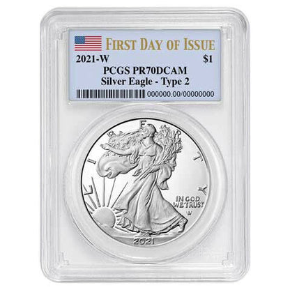 2021 W Silver Eagle Type 2 Proof - PCGS PR70 FDOI First Day of Issue - Flag Label