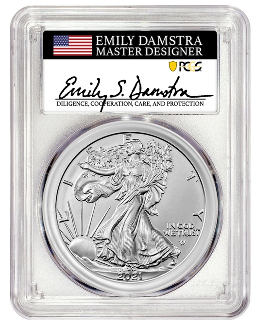 2021-S Silver Eagle - Emergency Strike - Type 2 - PCGS MS70 First Day of Issue Emily Damstra Label