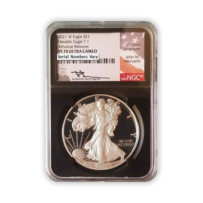 2021 Silver Eagle Type 1 Proof - NGC PF70 FDI Advanced Release - Mercanti Label