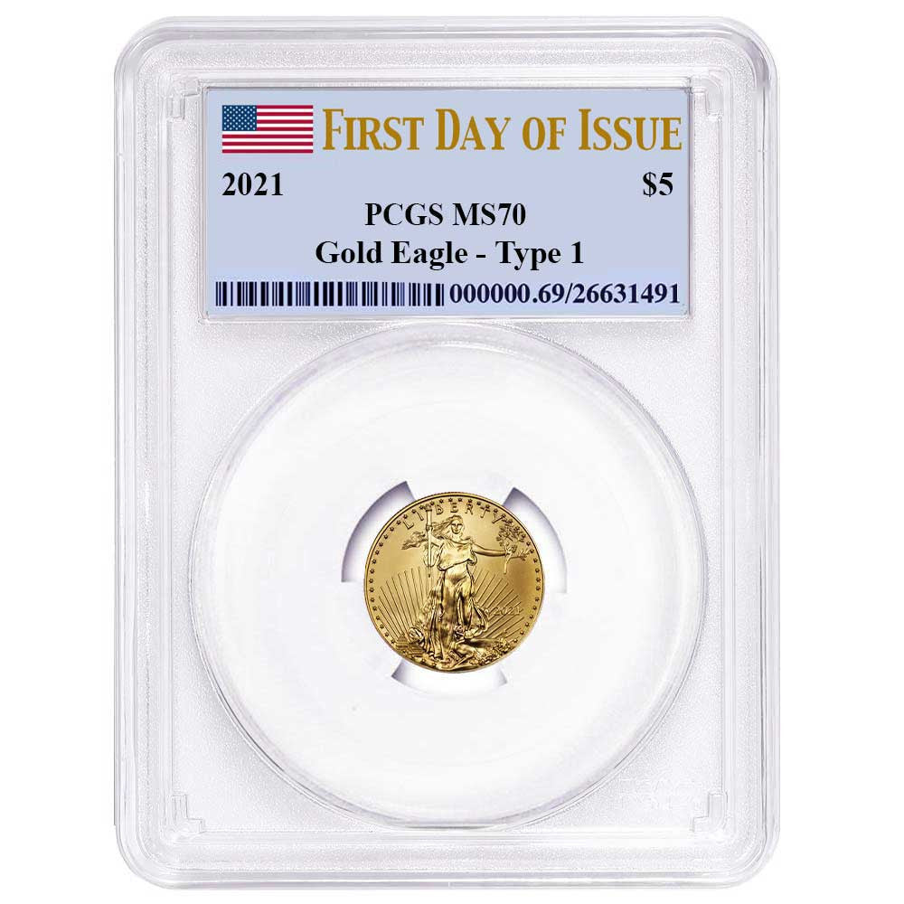2021 $5 Gold Eagle 1/10th oz - Business Strike - Type 1 - PCGS MS70 FDOI First Day of Issue Flag Label