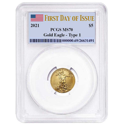 2021 $5 Gold Eagle 1/10th oz - Business Strike - Type 1 - PCGS MS70 FDOI First Day of Issue Flag Label
