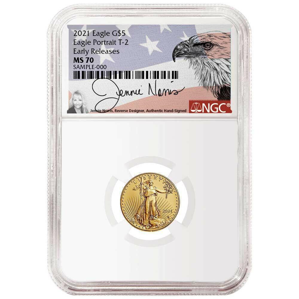 2021 $5 Gold Eagle 1/10th oz - Business Strike - Type 2 - NGC MS70 ER Early Release Jennie Norris Label