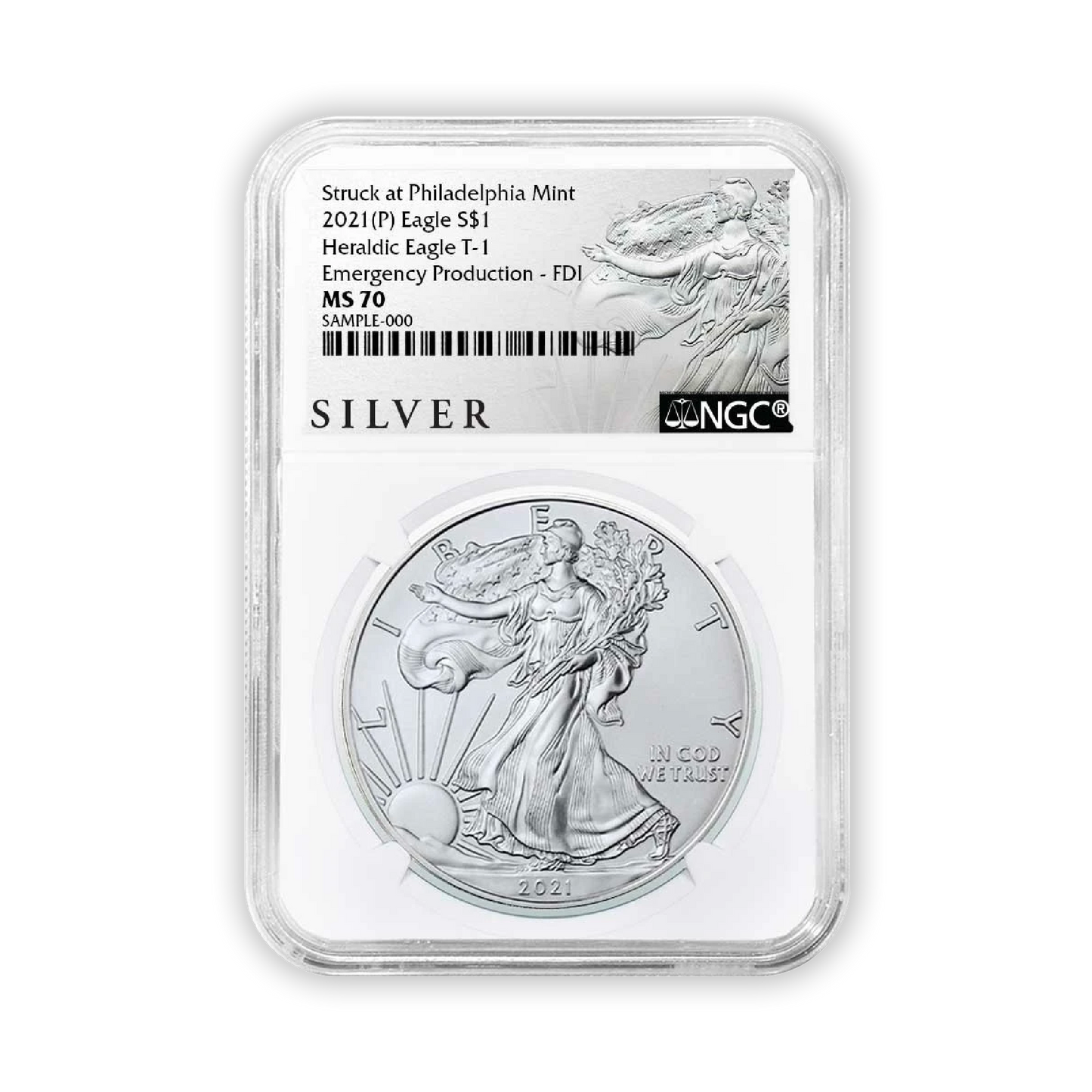 2021 (P) Silver Eagle - Business Strike - Type 1 Emergency Production - NGC MS70 FDOI First Day of Issue Walking Liberty Label