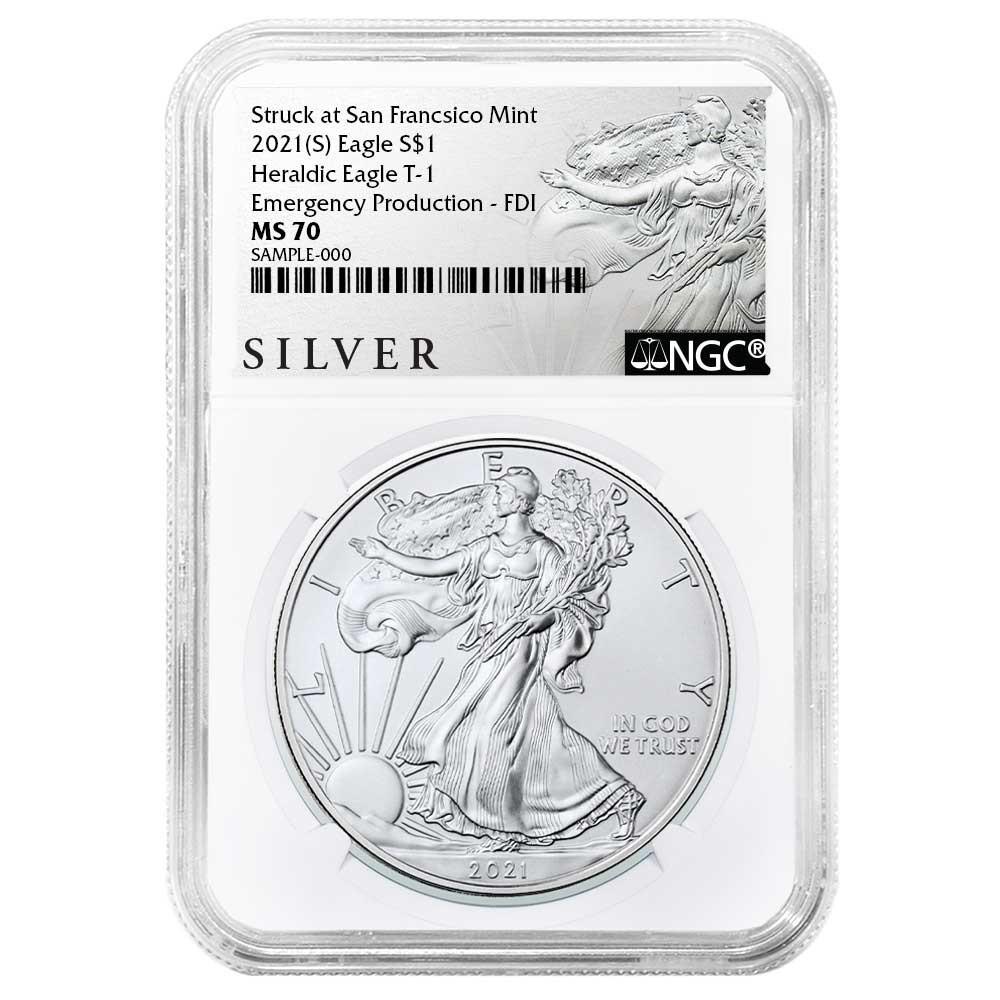 2021 (S) Silver Eagle - Business Strike - Type 1 Emergency Production - NGC MS70 FDOI First Day of Issue Walking Liberty Label