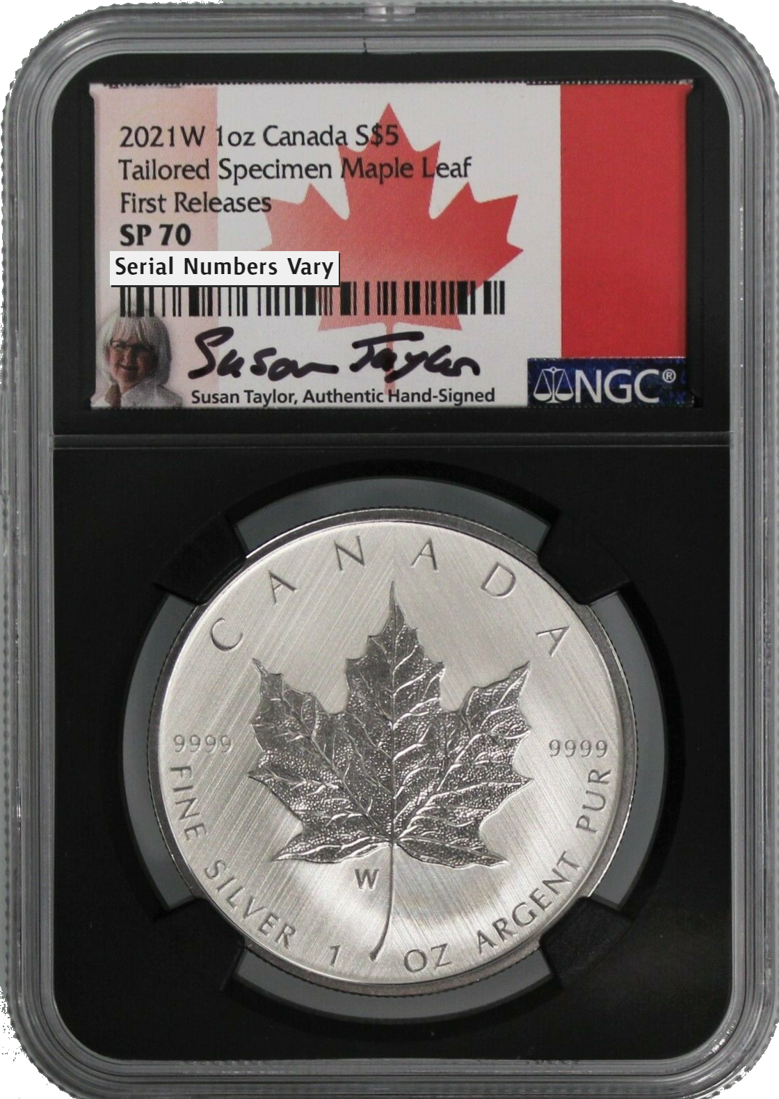 2021 W Canadian Maple Leaf 1 oz Silver Tailored Specimen - NGC SP70 FR Black Core Susan Taylor Auto
