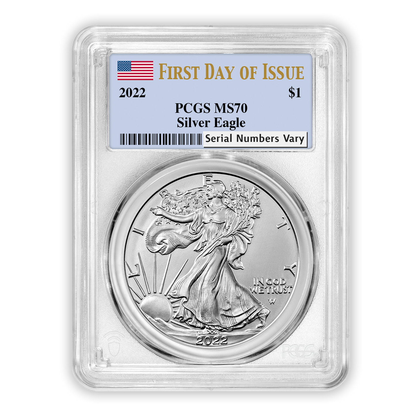 PREORDER - 2022 Silver Eagle - Business Strike - PCGS MS70 FDOI First Day of Issue Flag Label
