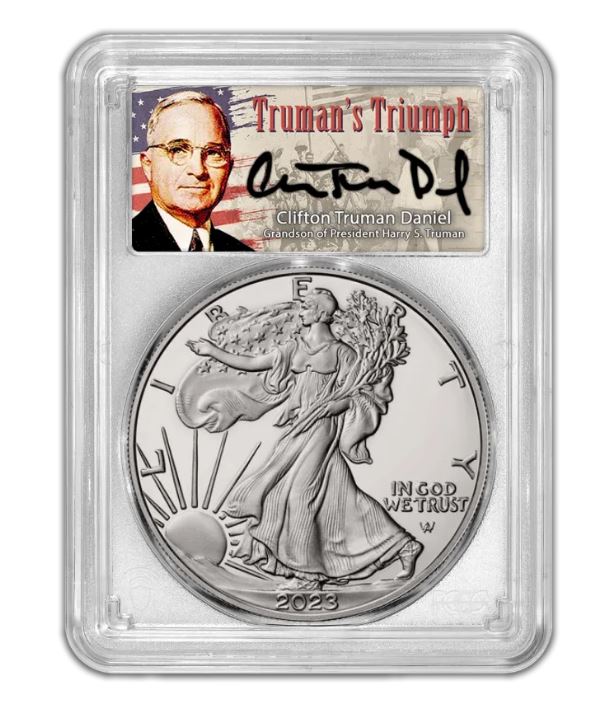 2023 W Silver Eagle - Proof - PCGS PR70 FDOI First Day of Issue Trumans Triumph Label