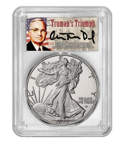 2023 W Silver Eagle - Proof - PCGS PR70 FDOI First Day of Issue Trumans Triumph Label