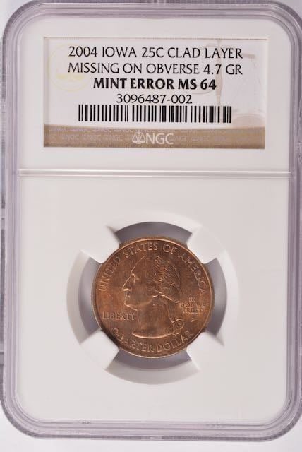 2004 Iowa Quarter - Obverse  Missing Clad Layer - NGC MS64 RB