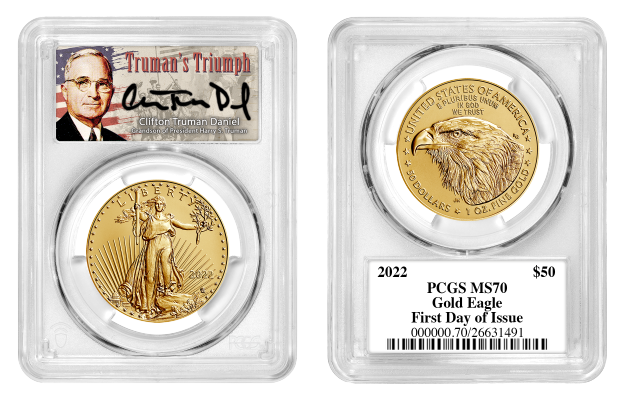 2022 $50 Gold Eagle - 1 oz - Mint State - Type 2 - PCGS MS70 FDOI First Day of Issue Truman's Triumph Label