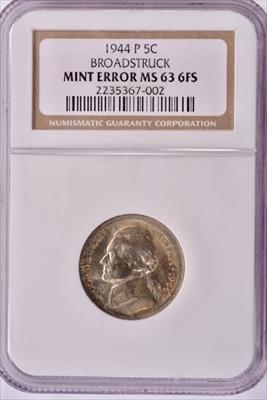 1944 Jefferson Nickel - Broadstruck Out of Collar NGC MS63 Full Steps