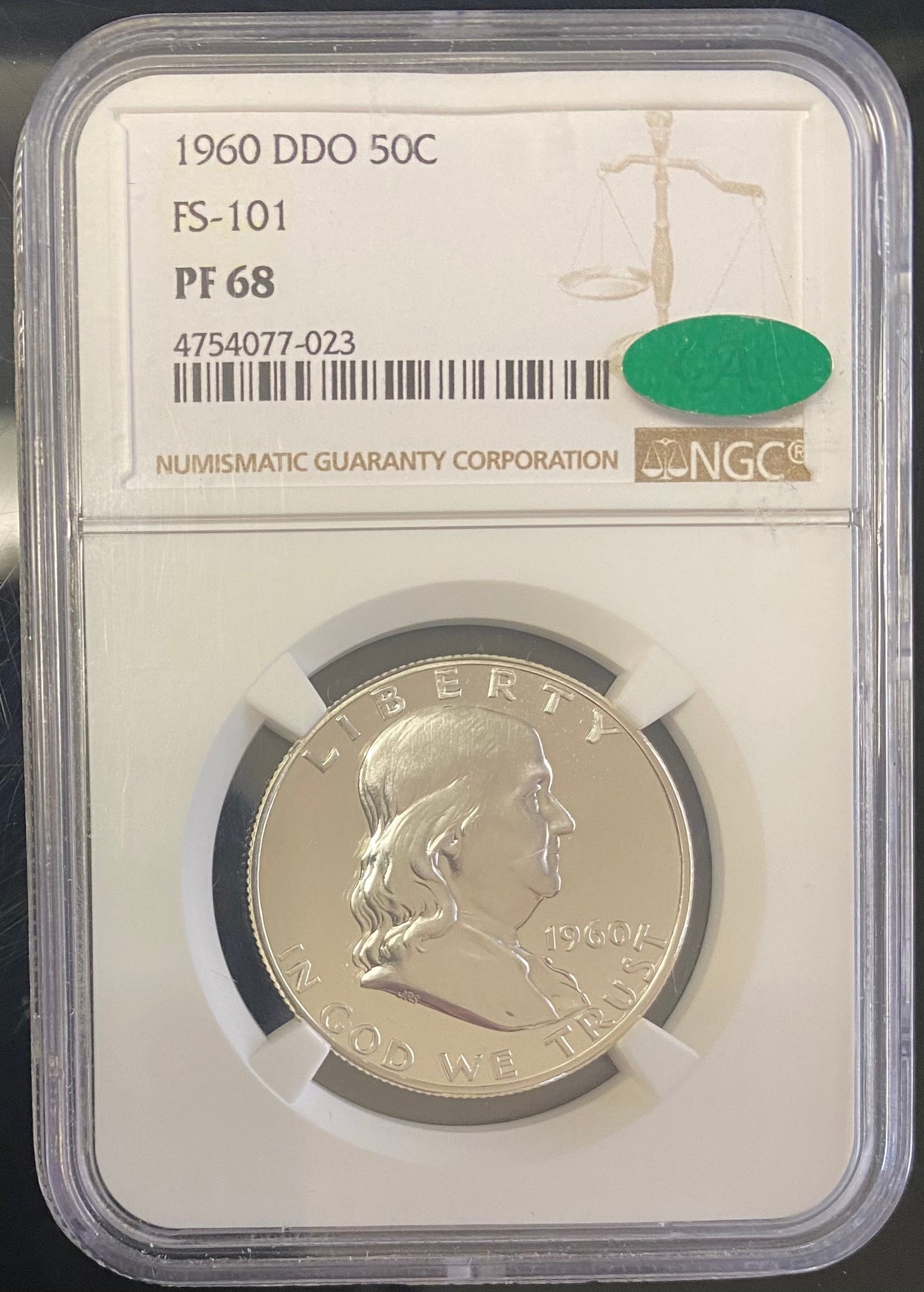 1960 Franklin Silver Half Dollar - DDO FS-101 - NGC PF68 CAC Label