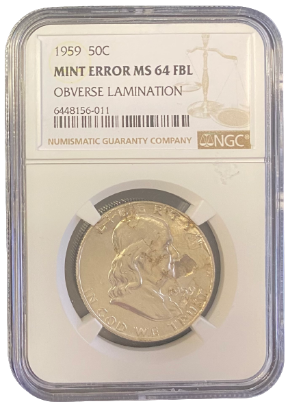 1959 Franklin Silver Half Dollar - Mint Error - MS64 FBL Obverse Lamination