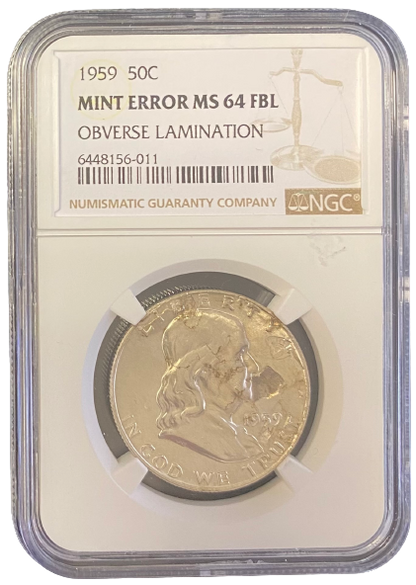 1959 Franklin Silver Half Dollar - Mint Error - MS64 FBL Obverse Lamination