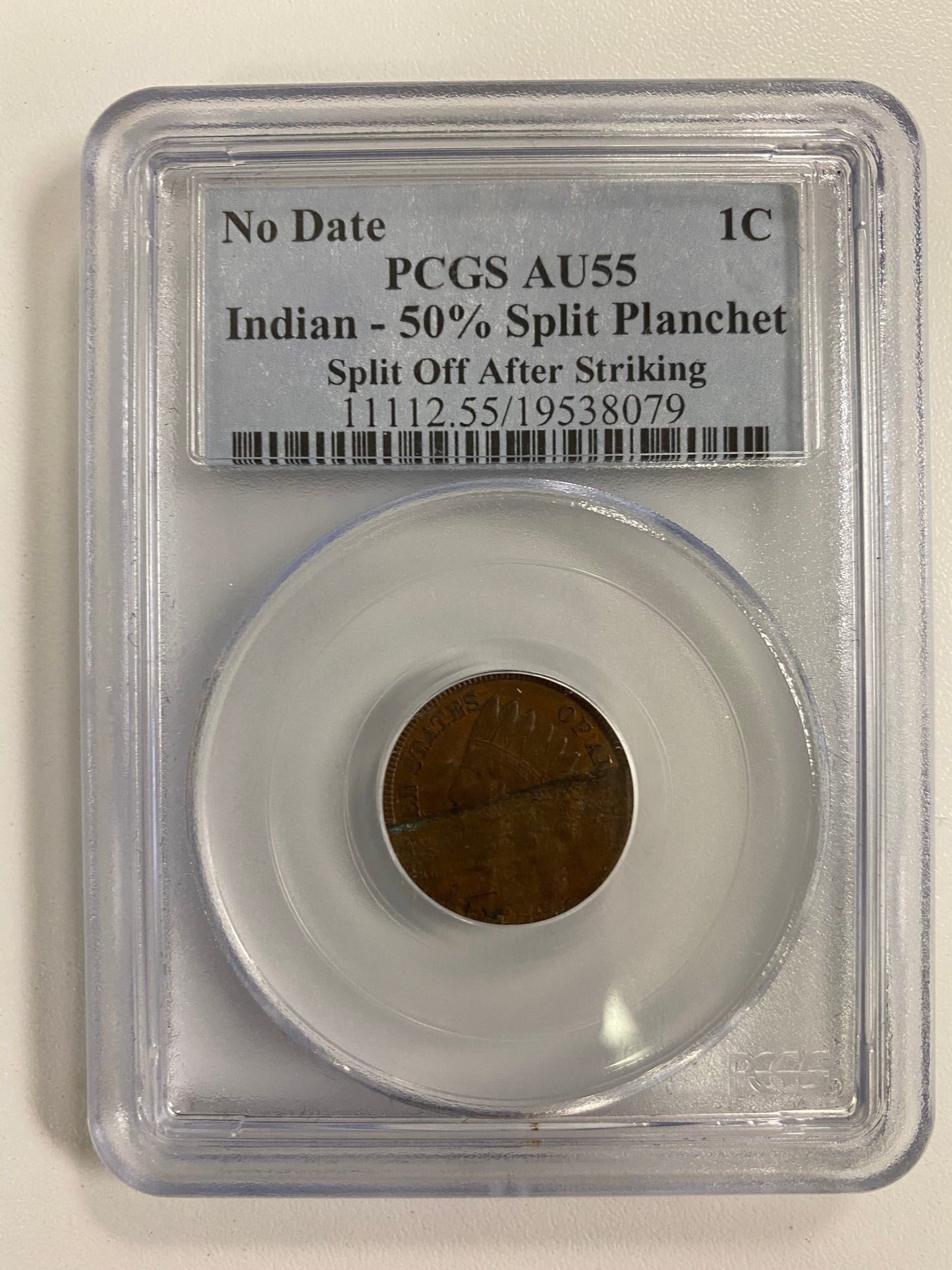 No Date Indian Cent - 50% Split Planchet - Split Off After Striking PCGS AU55