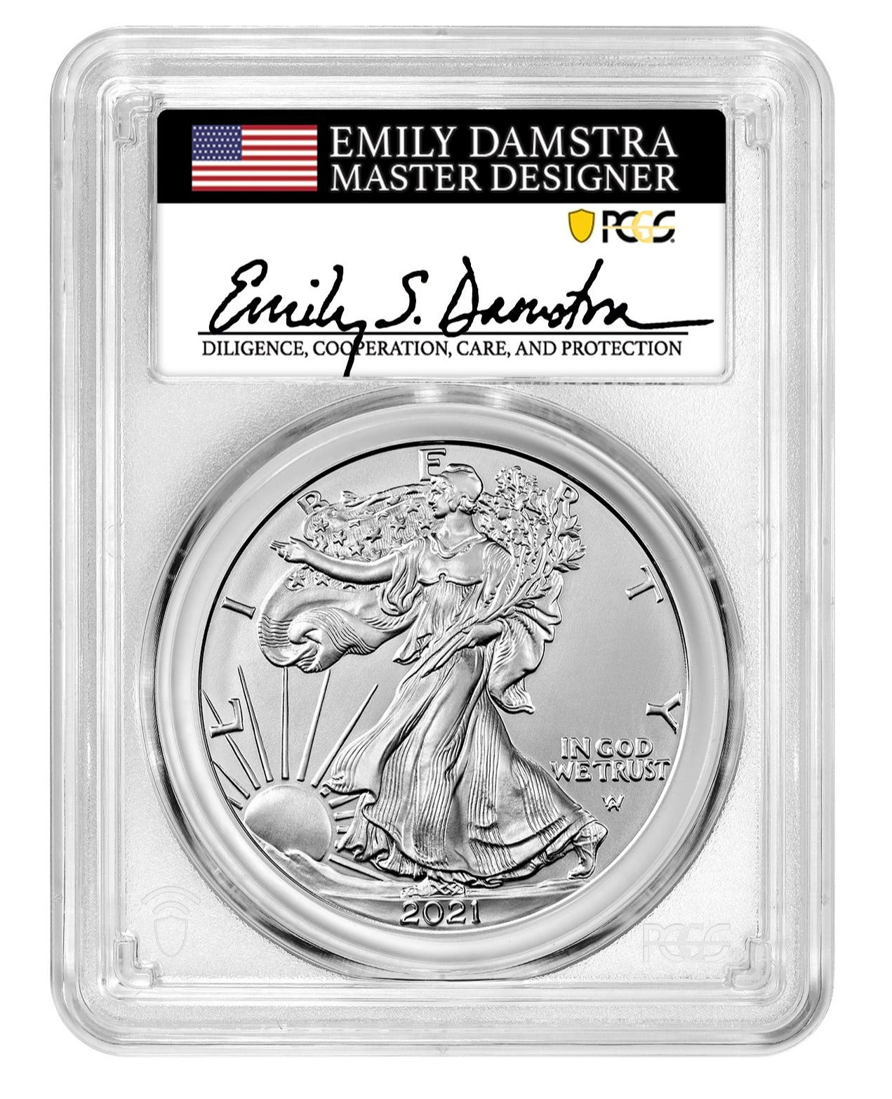 2021 Silver Eagle Type 2 - West Point Burnished - PCGS SP70 - First Strike - Emily Damstra Signature Label