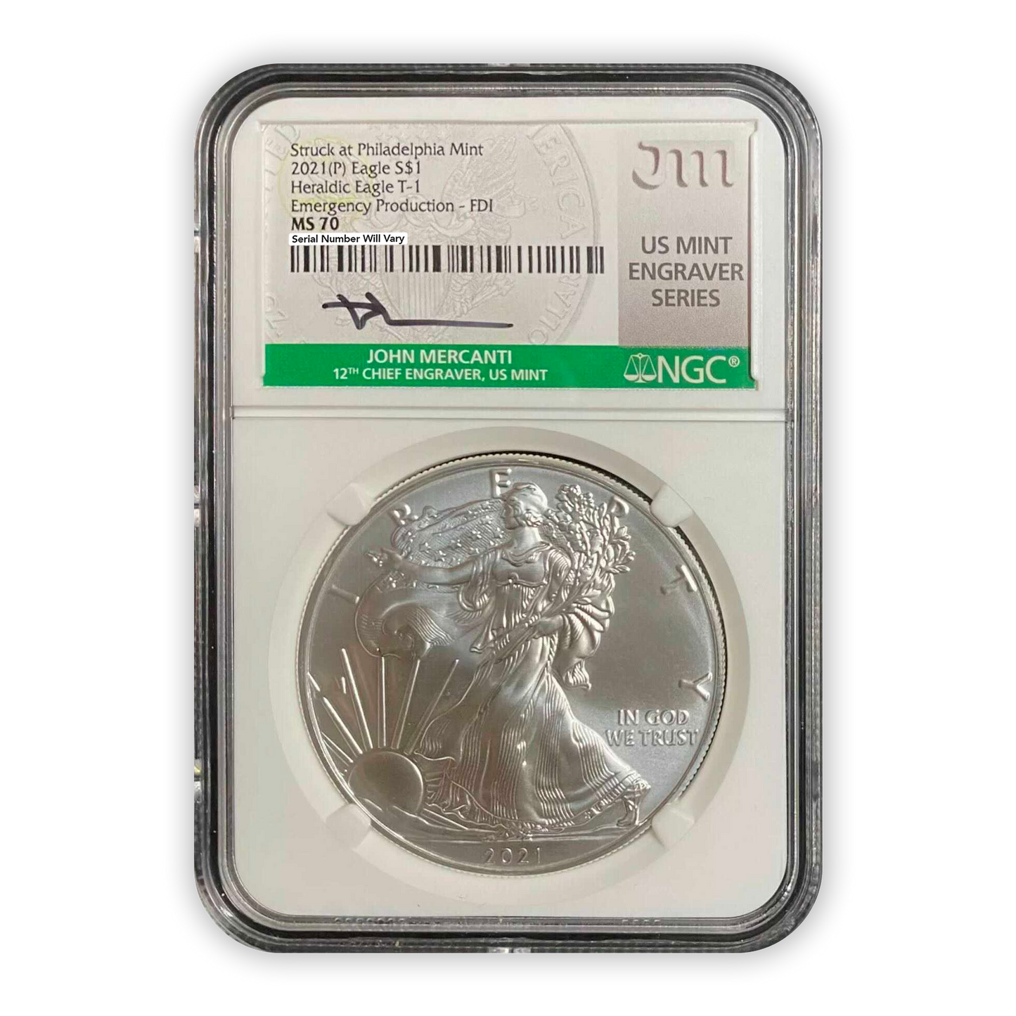 2021 P Silver Eagle - Type 1 - Business Strike - Philadelphia - NGC MS70 First Day of Issue Mercanti Label