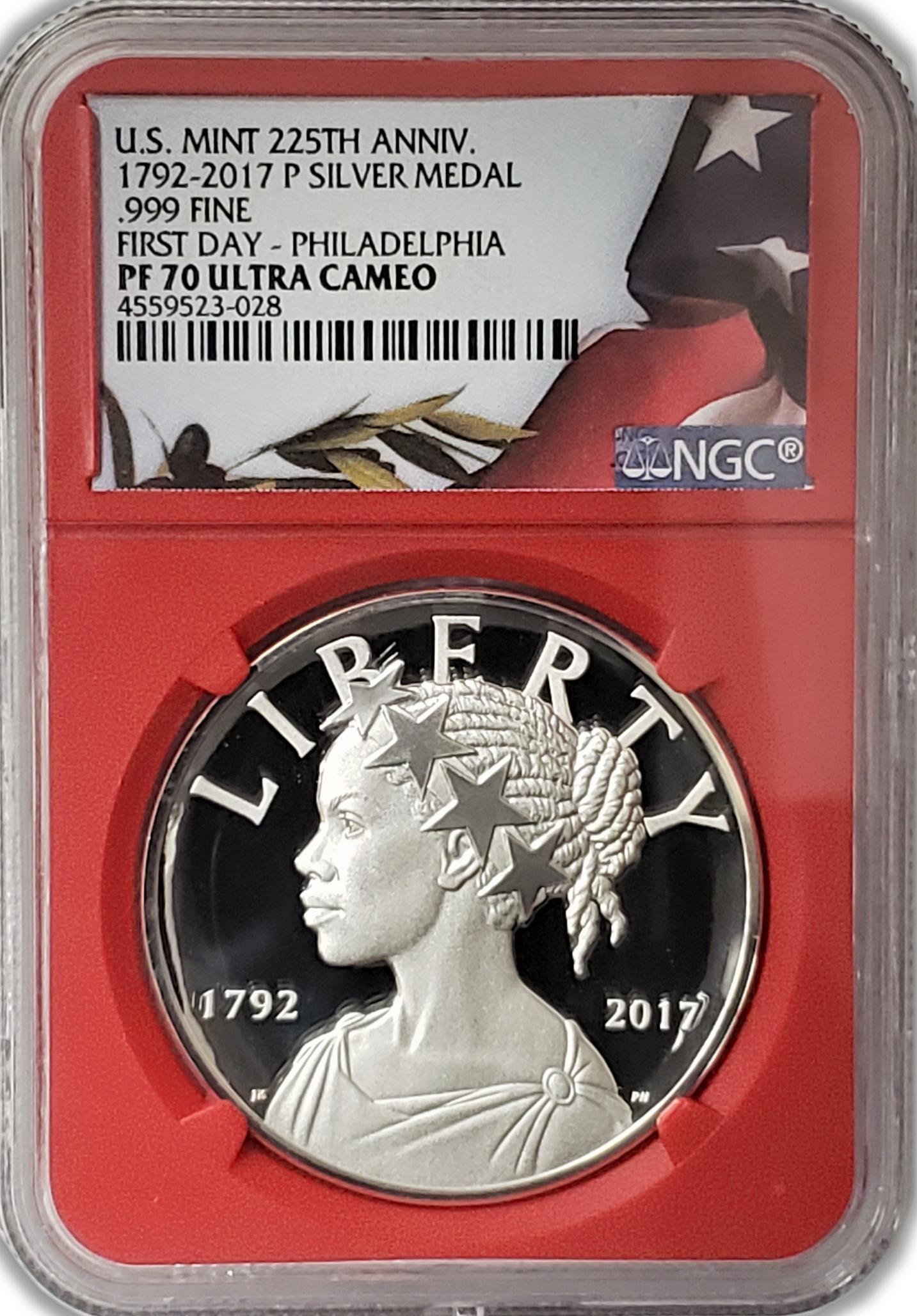 2017 P 1oz Silver Medal First Day of Issue  NGC PF70 Ultra Cameo US Mint 225th