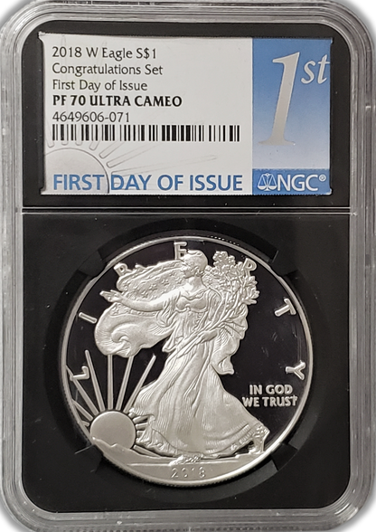 2018 W Proof - 1oz Fine Silver Ultra Cameo - First Day of Issue - NGC PF70UCAM