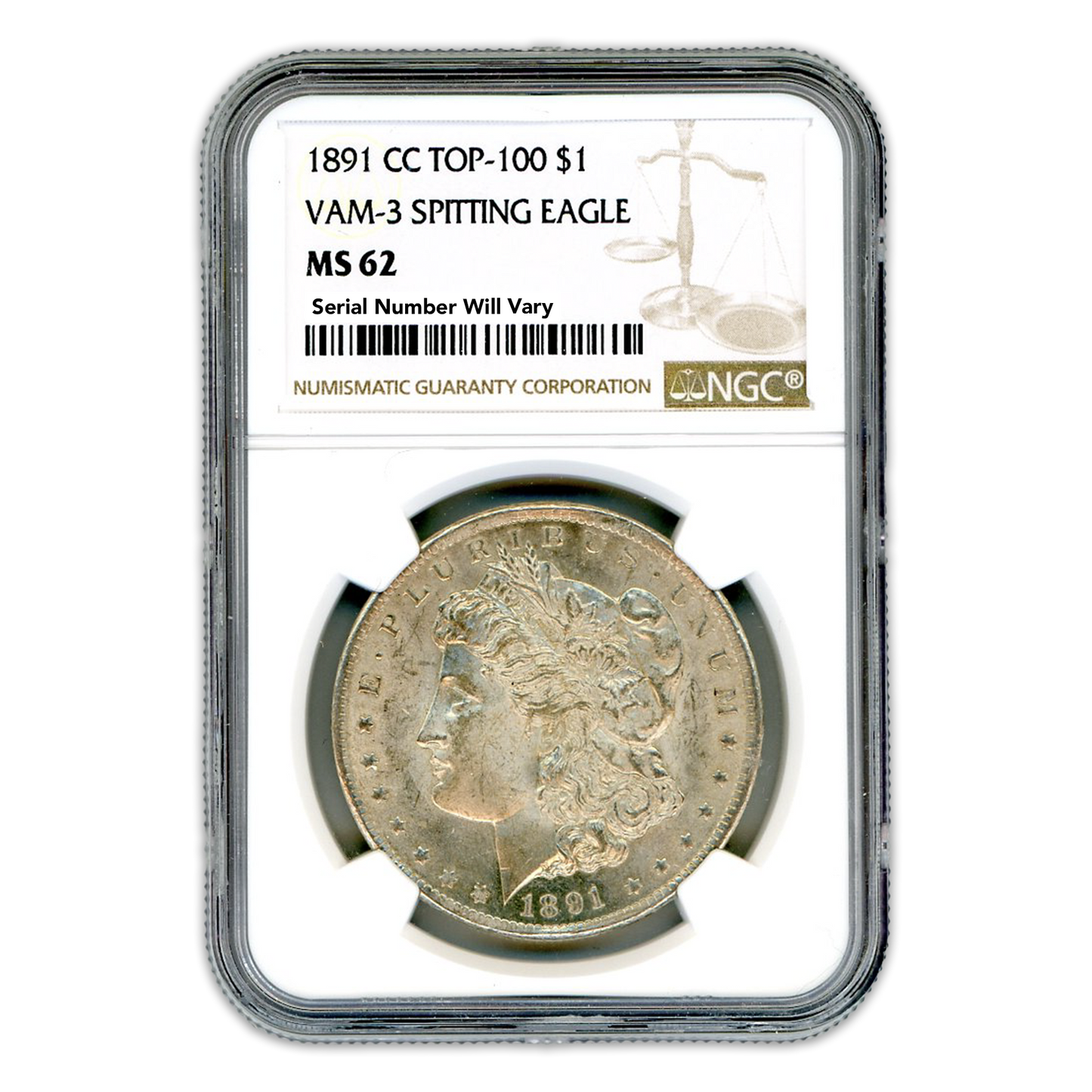 1891-CC Morgan Silver Dollar Carson City - Top 100 VAM-3 Spitting Eagle - NGC MS62