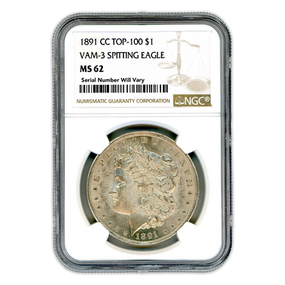 1891-CC Morgan Silver Dollar Carson City - Top 100 VAM-3 Spitting Eagle - NGC MS62